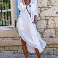 Sukienki - TEMU 2025 Damska Sukienka Koszulowa z Rozcięciem - Casual, Wiązana w Talii na Letnie Wyjścia do Biura lub Plaży, Jednokolorowa, Luźny Fason, - miniaturka - grafika 1