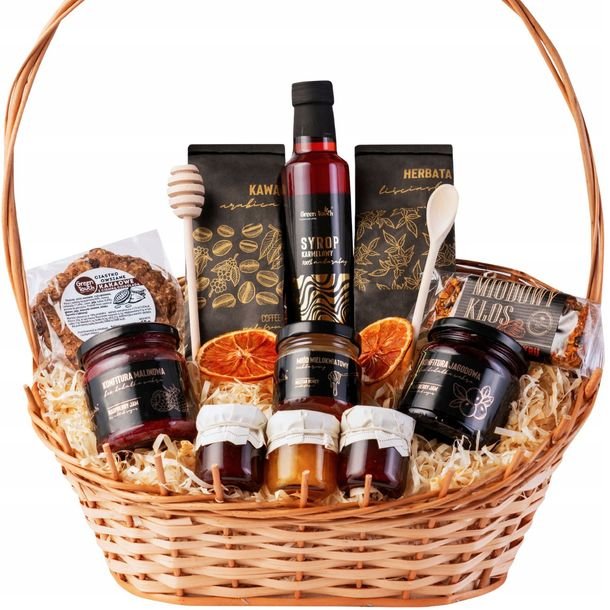 Kosz Prezentowy Zestaw Koszyk Na Prezent Herbata Kawa Miód Syrop Konfitury