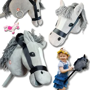 HOBBY HORSE GŁOWA KONIA NA KIJU SZARA REALISTYCZNA + BRELOK JEDNOROŻEC - Maskotki i pluszaki - miniaturka - grafika 1