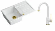 Zlewozmywaki z baterią - Quadron Zlewozmywak granitowy jednokomorowy 78*50*22 cm z ociekaczem MORGAN 111 SNOW WHITE ze złotym odpływem z baterią INGRID Q LINE SNOW WHITE kolor biały mat/wykończenie złote - miniaturka - grafika 1