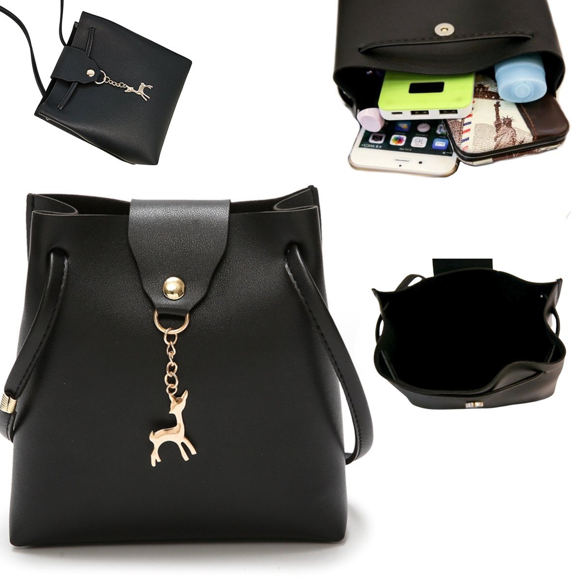 Damska Torebka Elegancka Na Ramię Mała Czarna Klasyczna Z Zawieszką Skóra