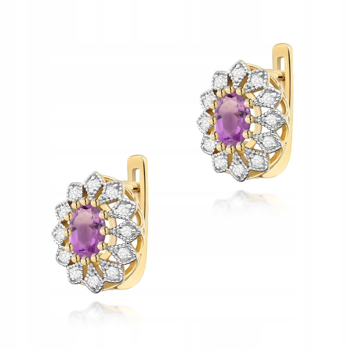 Kolczyki ze złota 585 z ametystem i diamentami eleganckie na prezent 14k