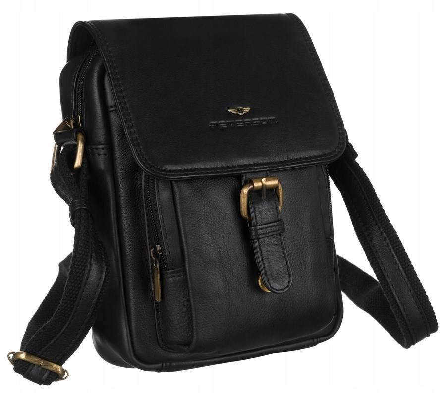 Skórzana torba listonoszka męska na ramię czarna pojemna PETERSON