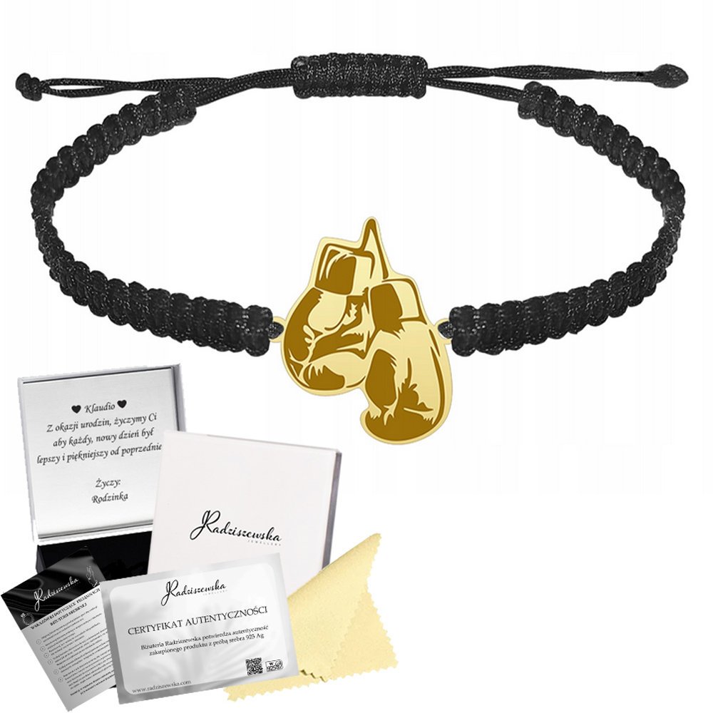 Bransoleta Męska Złota Rękawice Bokserskie Sznurek 925 Prezent GRAWER