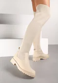 Kozaki damskie - Beżowe Kozaki na Płaskiej Podeszwie z Elastyczną Cholewką Ellittia - Renee - miniaturka - grafika 1