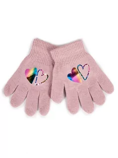 Rękawiczki dla dzieci - Rękawiczki Dziewczęce Pięciopalczaste Różowe Z Hologramem Sercami 18 Cm - grafika 1