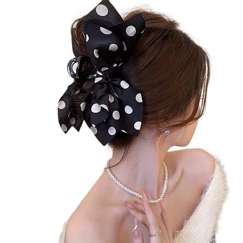 Spinki do Włosów Super Wzory i Kolory Duża Klamra z Kokardą Czarna w Grochy