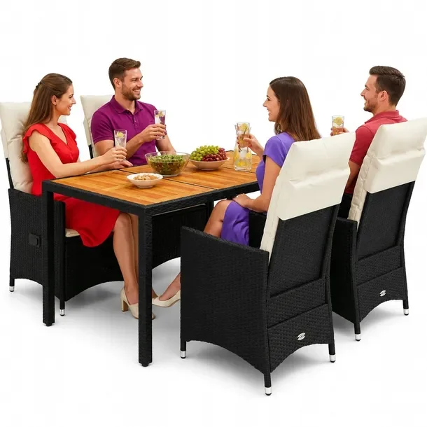 Zestaw mebli ogrodowych 4 krzesła i stół czarny rattan PE, 150 x 90 x 75