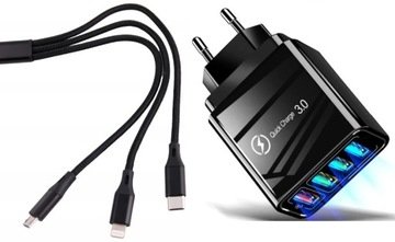 Szybka Ładowarka Sieciowa Do Telefonu Mocna Qc 3.0 48W Kabel 3w1