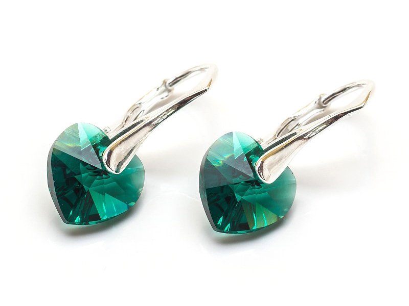 Srebrne Kolczyki 925 Z Kryształami Swarovski Serca 10Mm Emerald