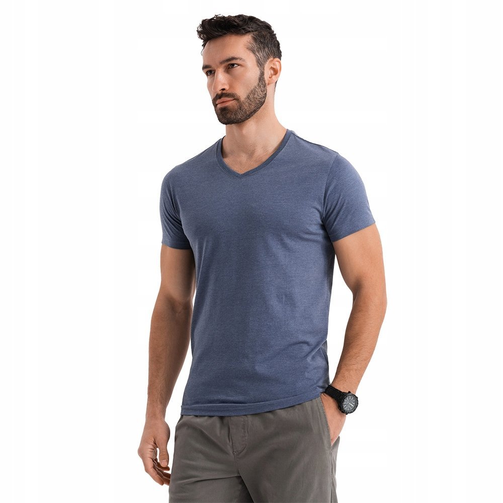Męska bawełniana koszulka serek BASIC niebieski melanż OM-TSBS-0237 V18 L