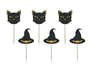 Pikery na tort Czarownica i kot - 6 szt. - Halloween - miniaturka - grafika 1