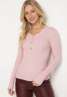 Swetry damskie - Jasnoróżowy Sweter z Bawełną z Prążkowanego Materiału Ozdobiony Guzikami Zinfera - miniaturka - grafika 1