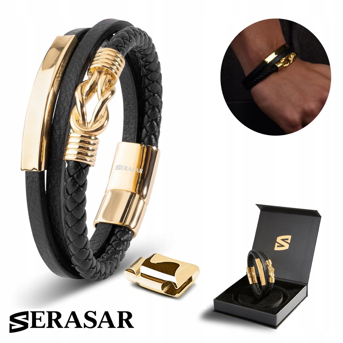 SERASAR, męska skórzana bransoletka „Proud”, złota, 17 cm, ze stalowym zapięciem magnetycznym, idealny prezent urodzinowy dla brata lub ojca
