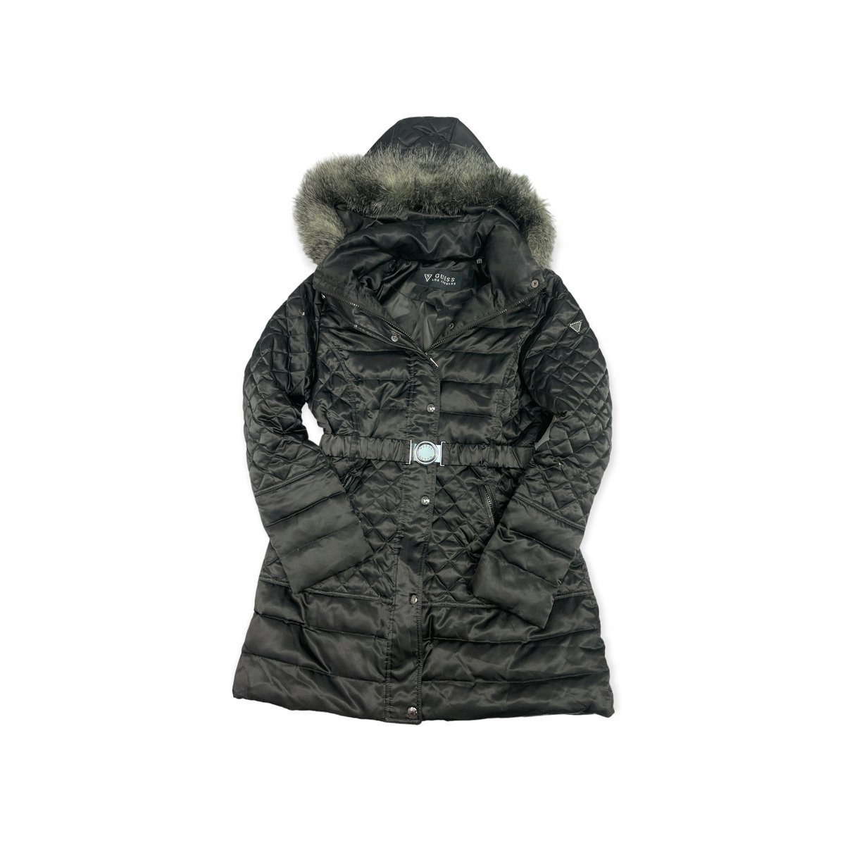 Czarny pikowany płaszcz damski z kapturem GUESS M