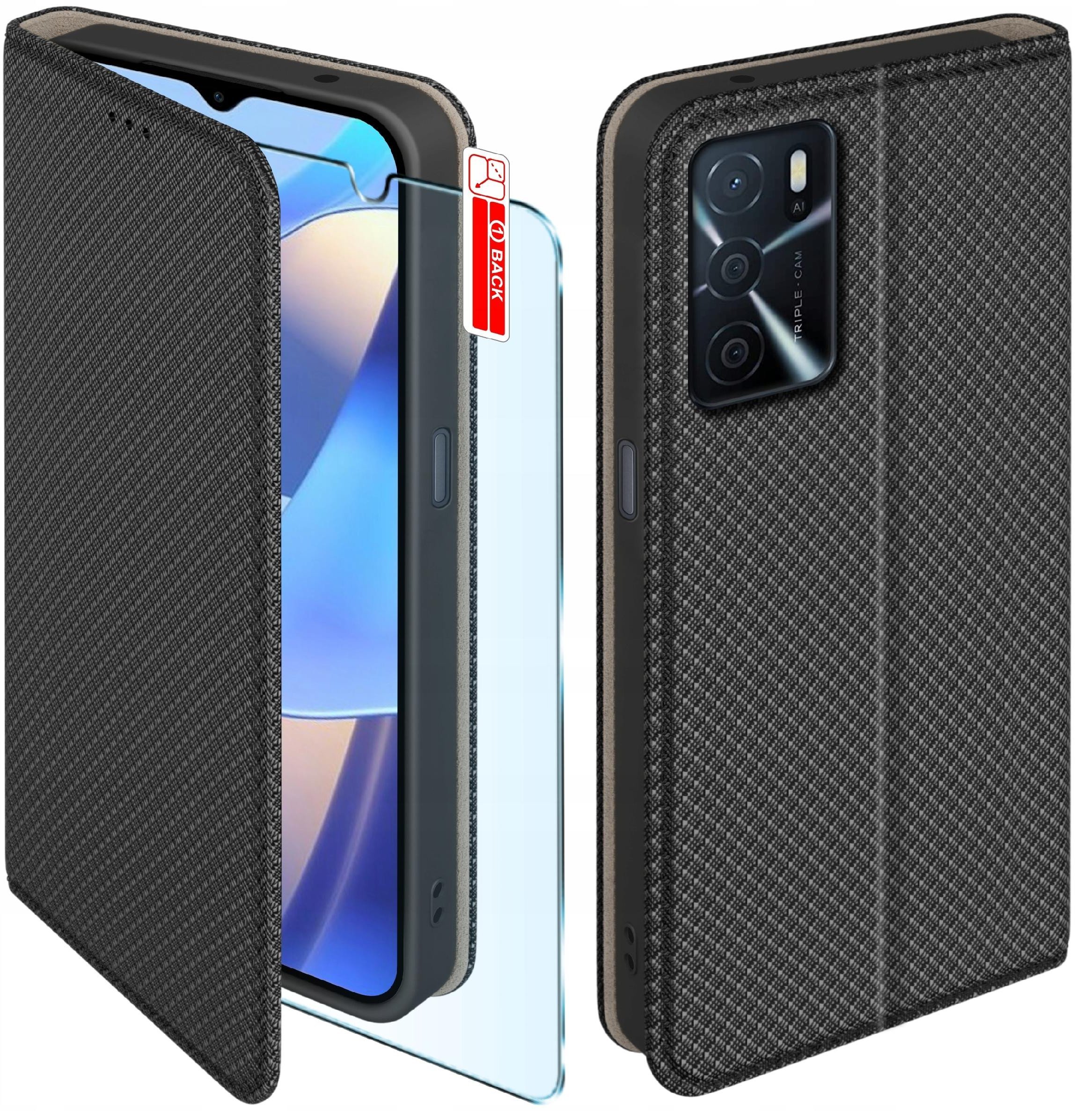 Etui z klapką do Oppo A16 A16s Zamykane Czarne Futerał + Szkło 9H