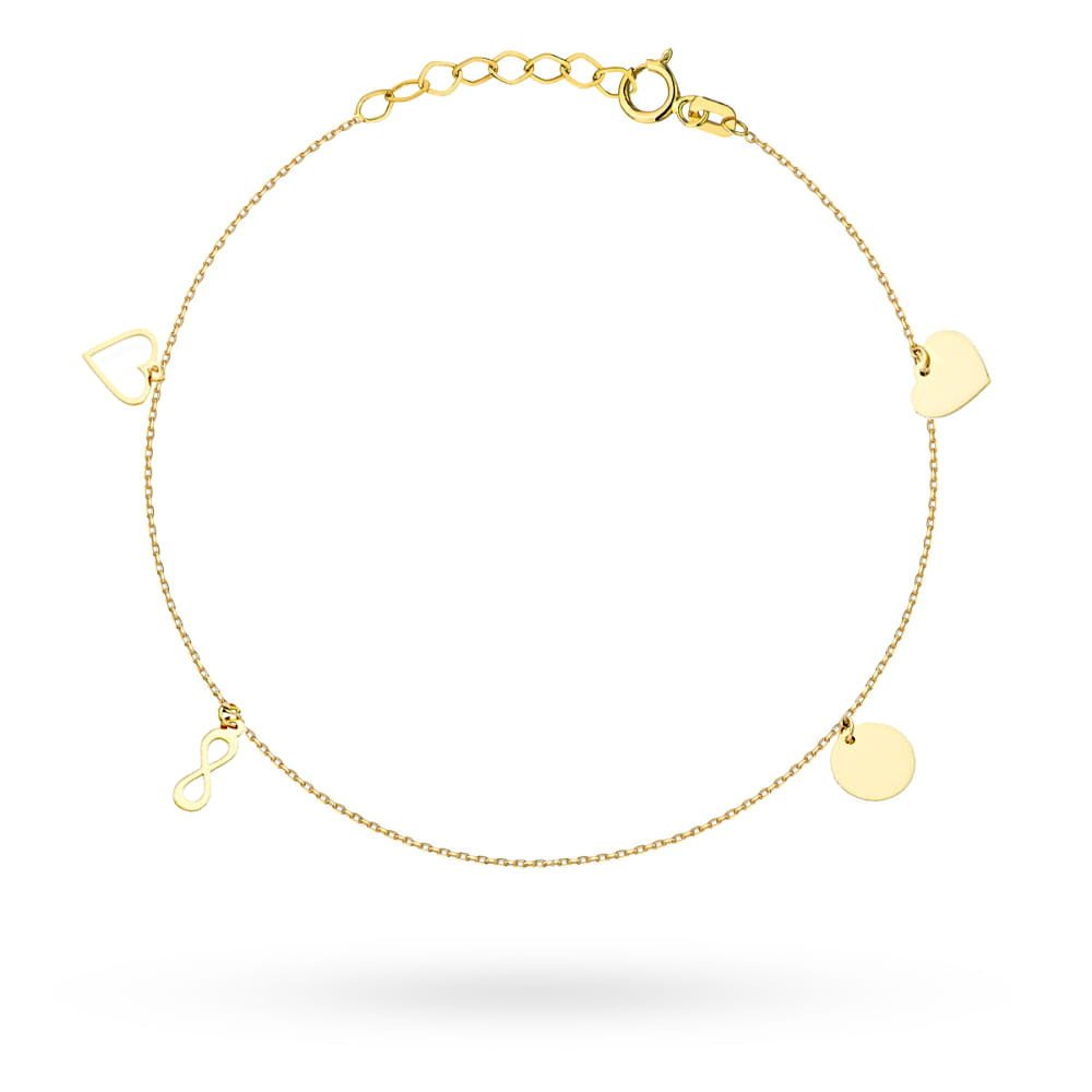 Złota bransoletka 585 14kt damska z wiszącymi elementami nieskończoność serce kółko na prezent s