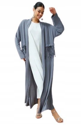 TRENDYOL SZARY DŁUGI KARDIGAN Z FRĘDZLAMI I DŁUGIM RĘKAWEM L/XL 5BA