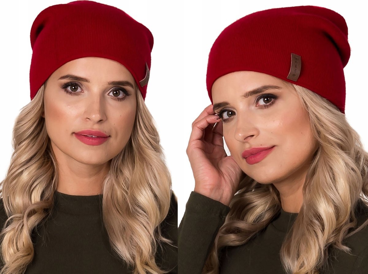 Polska Czapka Damska BEANIE CIEPŁA CZERWONY v1
