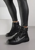 Botki damskie - Czarne Sportowe Botki ze Sznurowaną Cholewką i Ozdobnym Suwakiem Ezilare - miniaturka - grafika 1