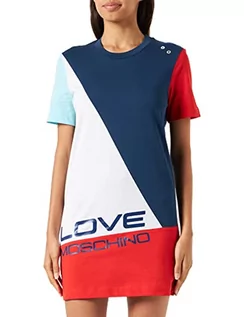 Sukienki - Love Moschino Damska sukienka z krótkim rękawem, komfortowy krój, White Blu Turquoise Red, 46 - grafika 1