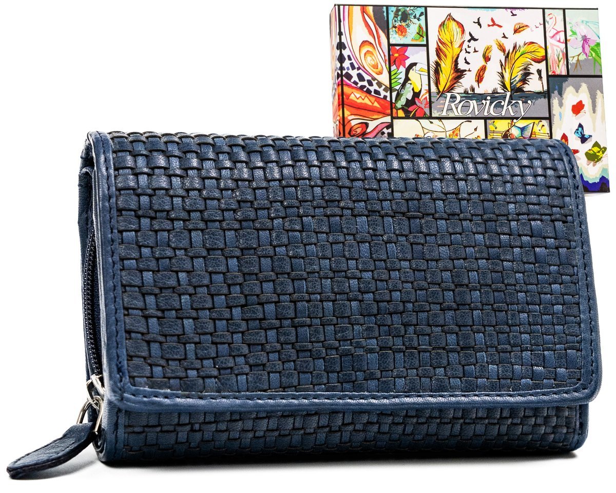 Portfel Damski Z Plecionej Skóry Naturalnej Rovicky, Ciemnoniebieski