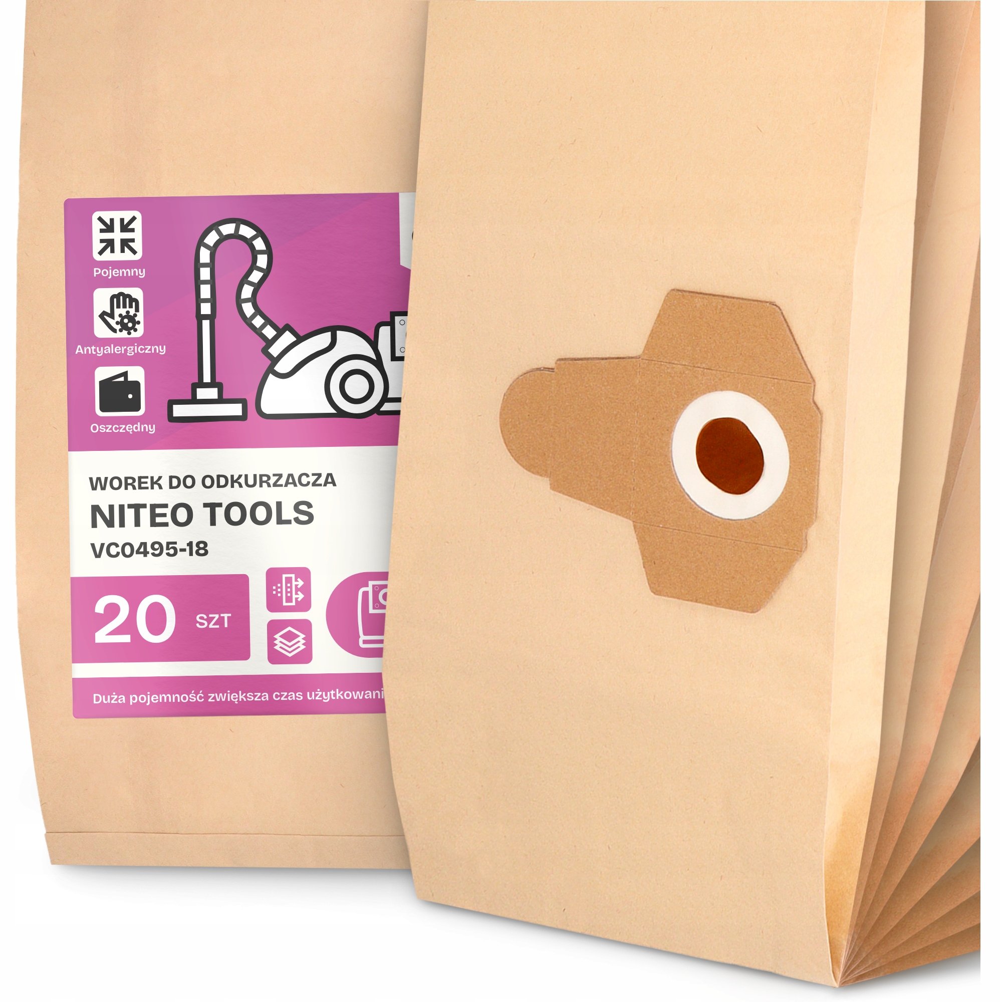 20x Worek do Odkurzacza Niteo Tools VC0495-18 Papierowy Duży Mocny Worki 2A