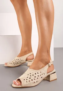 Beżowo-Złote Ażurowe Sandały na Obcasie ze Skórzaną Wkładką Dimirri - Sandały damskie - miniaturka - grafika 1