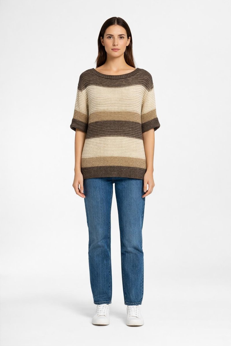 DESIGN SWETER Z KRÓTKIM RĘKAWEM W PASKI BRĄZ BEŻ S FTA