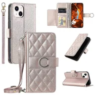 Portfele - Dla Iphone 14 13 Crossbody Skórzane etui Pierścień Klamra Portfel Stojak Rhombus Mobile Cover - Różowe złoto - miniaturka - grafika 1