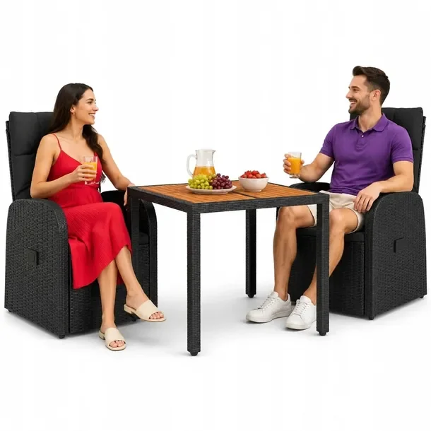 Zestaw mebli ogrodowych czarny z rattanem PE, 2 krzesła i stół 90x90x75