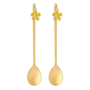 Komplet 2 łyżeczek z ozdobną końcówką żółty kwiatek 13,5 x 2,5 cm złoty - Łyżeczki - miniaturka - grafika 1