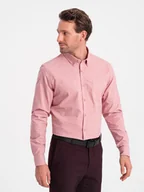 Koszule męskie - Męska koszula bawełniana REGULAR FIT z kieszenią - różowa V3 OM-SHOS-0153 - Ombre Clothing - miniaturka - grafika 1
