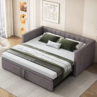 Łóżka dla dzieci i młodzieży - Łóżko rozkładane Merax 90x200cm/180x200cm, rozkładana sofa z listwowym stelażem i podłokietnikami, łóżko tapicerowane aksamitem, sofa dla dzieci, szara - miniaturka - grafika 1