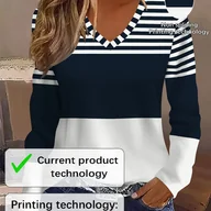 Bluzki damskie - TEMU Bluzka Damska z Dekoltem w Serek - Kolorowy Blok Granicujący, Biało-Granatowa, Oddychająca Koszulka na Codzień i Wakacje, Wygodna Bluzka do - miniaturka - grafika 1