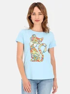 Bluzki damskie - BAWEŁNIANA BLUZKA DAMSKA Z KOLOROWYM NADRUKIEM KOTA - miniaturka - grafika 1