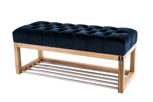 Ławka na buty 110cm EMRAWOOD drewno lite kolor naturalny siedzisko pikowane kolor granatowy - Ławki do przedpokoju - miniaturka - grafika 1