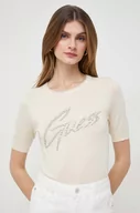 Koszulki sportowe damskie - Guess t-shirt damski kolor beżowy - miniaturka - grafika 1