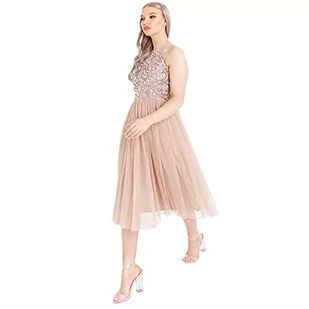 Maya Deluxe Damska sukienka midi z wiązaniem na szyi, tiulowa, na wieczór, ukończenie szkoły, studniówkę, wesele, dla druhny, suknia balowa, Szarobrązowy róż, 40 - Sukienki - miniaturka - grafika 1