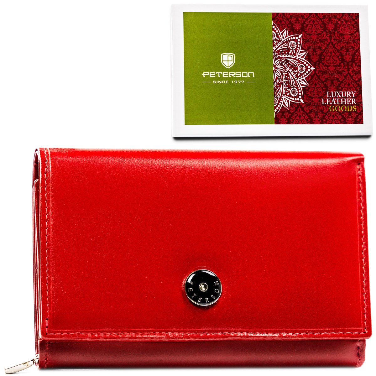Czerwony klasyczny portfel damski średni PETERSON skóra naturalna rozbudowany na karty pudełko prezentowe ochrona RFID