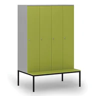 Szafy biurowe - Drewniana szafa ubraniowa z ławką, 4-drzwiowa, 1871 x 1200 x 500/800 mm, zamek cylindryczny, szary/zielony - miniaturka - grafika 1