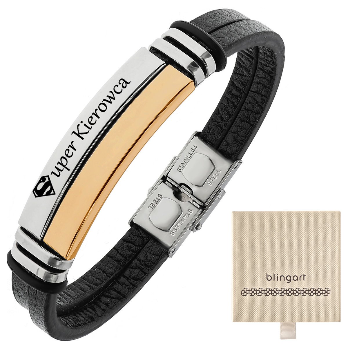 Bransoletka męska SKÓRZANA z grawerem srebrno złot