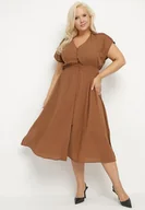Sukienki - Brązowa Lniana Sukienka o Rozkloszowanym Kroju z Gumką w Talii Ageronna - miniaturka - grafika 1