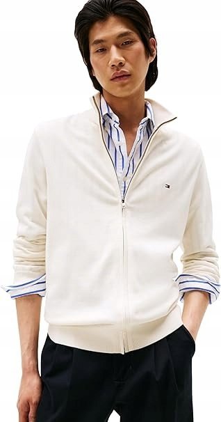 TOMMY HILFIGER BAWEŁNIANY SWETER ROZPINANY Z LOGO KREMOWY M 17BA