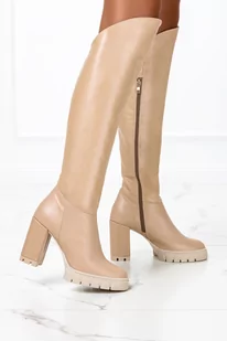Beżowe kozaki na słupku za kolano POLSKA SKÓRA Casu 4178-41 - Kozaki damskie - miniaturka - grafika 1