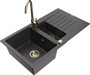 Mexen Matias zlewozmywak granitowy 1,5-komorowy z ociekaczem i baterią kuchenną Telma, czarny nakrapiany - 6502-76-670200-50 - Zlewozmywaki z baterią - miniaturka - grafika 1