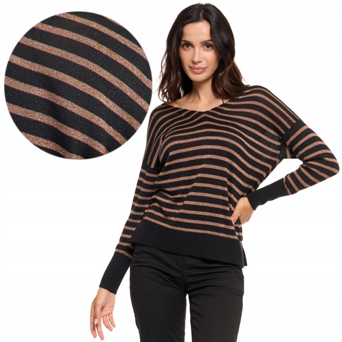 SWETER DAMSKI KLASYCZNY Z DŁUGIM RĘKAWEM W PASKI WISKOZA KOBIECY MORAJ XS/S BLACK