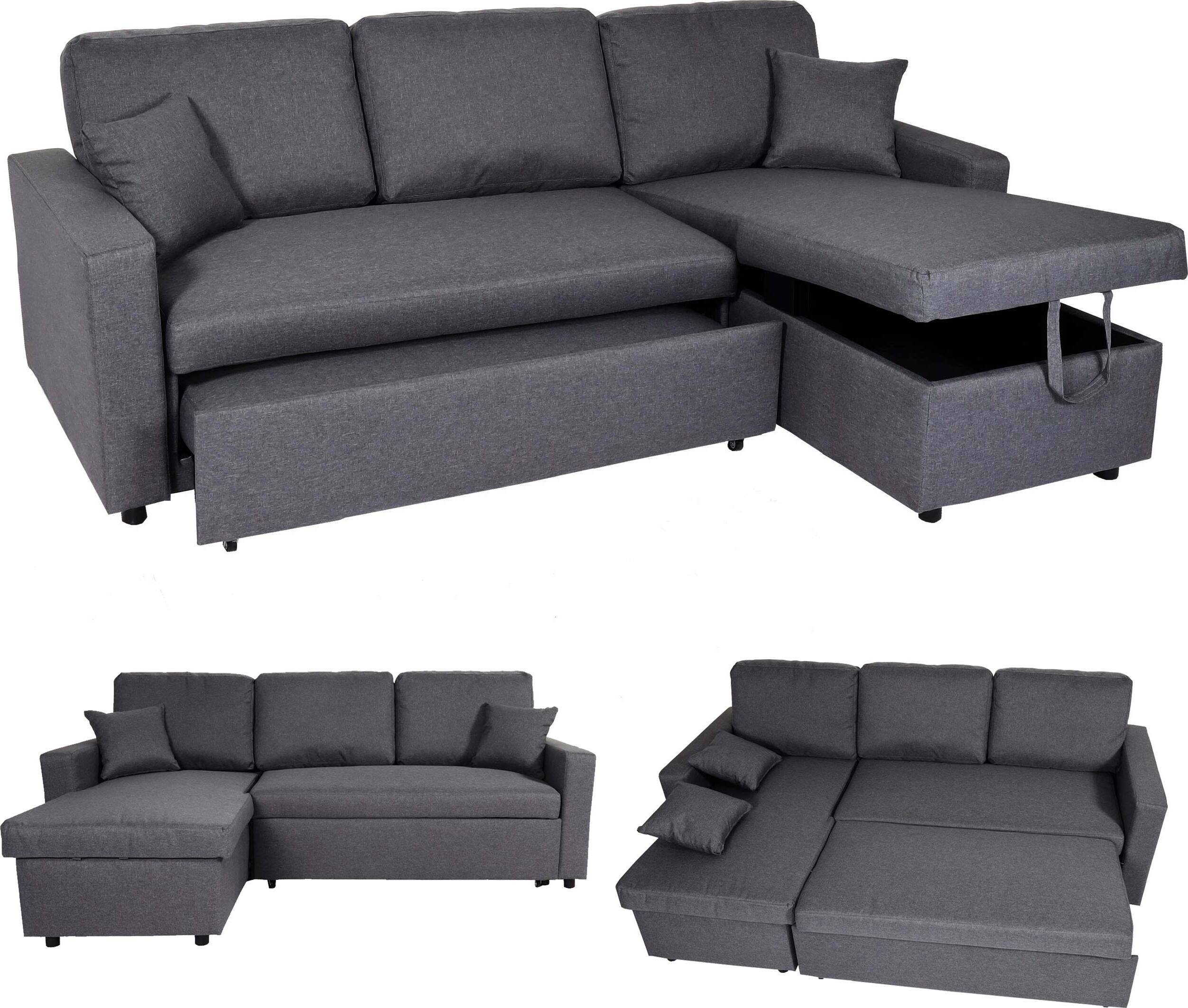 Sofa narożna z pojemnikiem na pościel HWC-L17, sofa w kształcie litery L, rozkładana powierzchnia Nosag zawieszenie sprężynowe 228cm ~ ciemnoszary