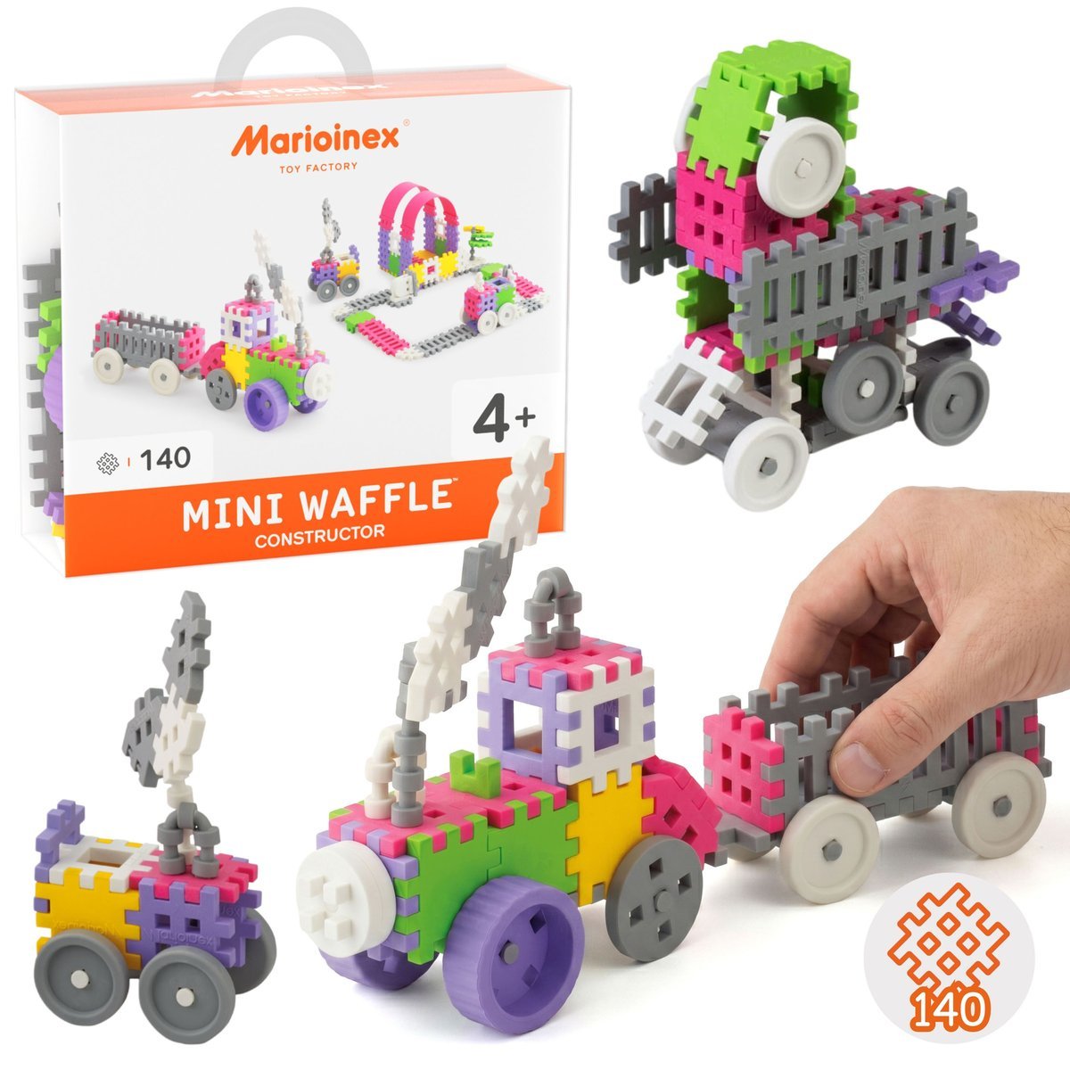 Marioinex Mini Waffle Konstruktor Różowy ZESTAW klocków konstrukcyjnych, MIĘKKIE klocki dla dzieci, BEZPIECZNE - 140 elementów