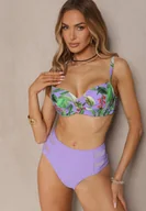 Stroje kąpielowe - Fioletowe Bikini Biustonosz w Liście i Majtki Figi z Siateczkowymi Wstawkami Kinalea - miniaturka - grafika 1